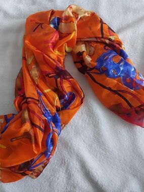 Orange Floral Print Silk Scarf